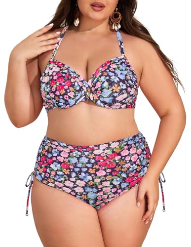 Hanna Nikole Bikini Damen Badeanzug Große Größen Push Up V Ausschnitt Überkreuztes Blumenmuster Ruched Bauchweg Sommer Swimsuit Farbenfrohe & Blumen, 46 von Hanna Nikole