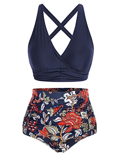 Hanna Nikole Bikini Damen Große Größen Hoher Taille Bikini Sets Einfarbige Strandkleidung Marineblau Blumen 52 von Hanna Nikole