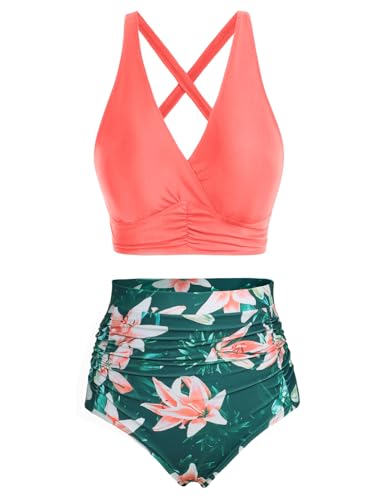 Hanna Nikole Bikini Damen Große Größen V-Ausschnitt Bikini Sets Sportlich Swimmwear Grüne Blumen & Roter Wassermelone XXL von Hanna Nikole