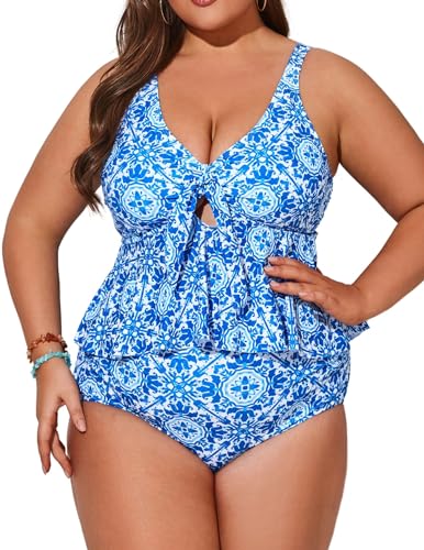 Hanna Nikole Bikini Damen Set Sexy Große Größen Tief V-auschnitten Hohe Taillert Bauchweg Badeanzug Blau-Weißem Porzellan Muster 50 (Etikett:20W) von Hanna Nikole