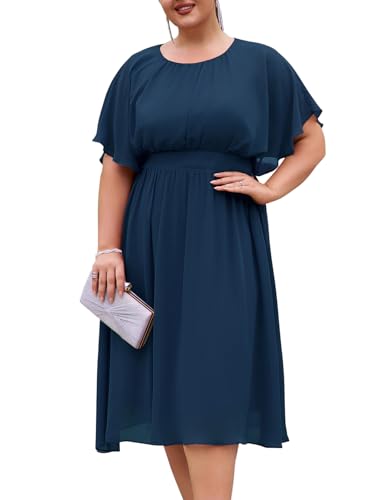 Hanna Nikole Damen A-Linie Kleid Elegant Freizeitkleider Elastische Taille Chiffon Kleid für Mollige Navy Blau 48 von Hanna Nikole