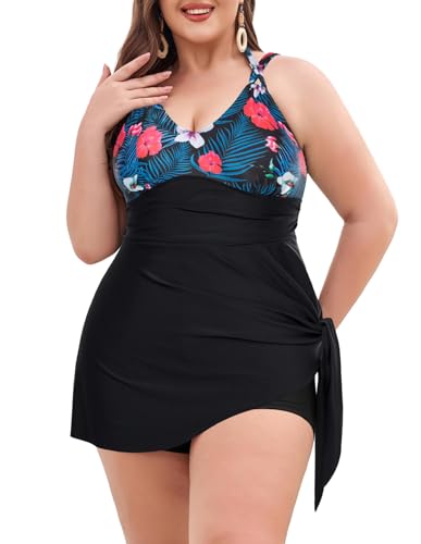 Hanna Nikole Damen Bademode Zweiteiliger Große Größe Tankini Set Bauchkontrolle Elastische Sexy Boxershort Schwarz Rote Blume 50 von Hanna Nikole