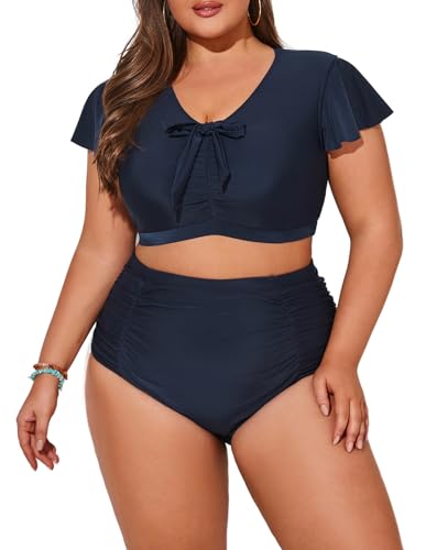 Hanna Nikole Damen Bauchweg Badeanzug Große Größe Push Up Bademode Pleated Navy Blau 50 von Hanna Nikole