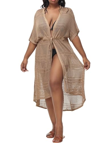 Hanna Nikole Damen Bikini Cover up Kimono Cardigan Lang Cardigan Bedecken Strickjacke Strandkleid 54, Khaki(Gestrickte) von Hanna Nikole