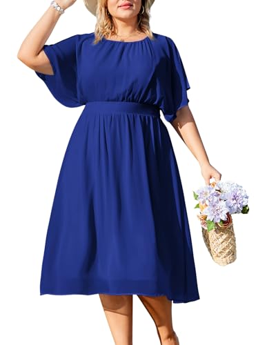 Hanna Nikole Damen Chiffon Kleid Rundhalsausschnitt Midi Abschlussballkleid für Mollige Königsblau 54 von Hanna Nikole