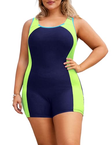 Hanna Nikole Damen Einteilige Badeanzüge Bauchkontrolle Sommer Elegant Swimsuit für Mollige Marineblau Gelbgrün 52 von Hanna Nikole