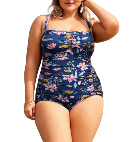 Hanna Nikole Damen Große Größe One Piece Badeanzüge Ruched Schwimmanzug Wickel Blau Blume 50 von Hanna Nikole