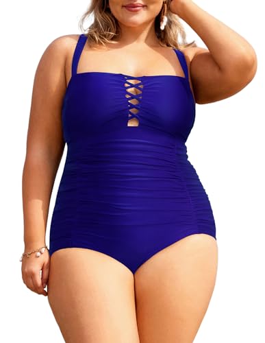 Hanna Nikole Damen Große Größe Push Up Badeanzug Einteilige Bauchkontrolle Pleated Monokini Königsblau 46 von Hanna Nikole