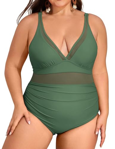 Hanna Nikole Damen Große Größen Badeanzug Tiefer V Ausschnitt Sheer Mesh sexy Einteiler Curvy Bademode Push Up Bauchkontrolle Bademode Plus Size Monokini Armeegrün,54 von Hanna Nikole