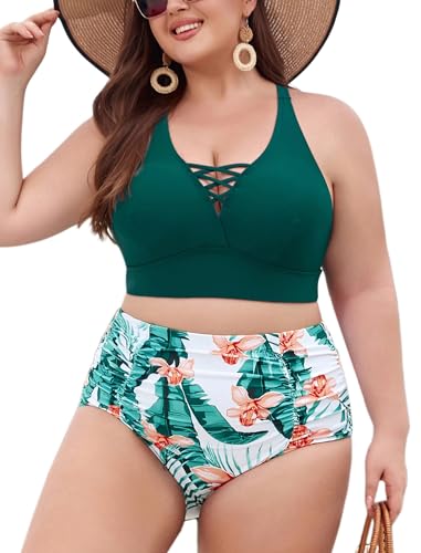 Hanna Nikole Damen Große Größen Hoher Taille Bikini Sets Einfarbige Strandkleidung Dunkelgrün & Blume 52 von Hanna Nikole