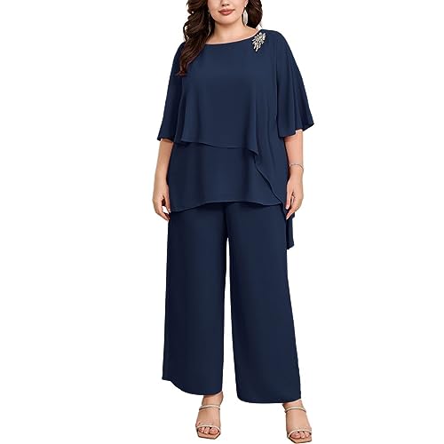 Hanna Nikole Damen Große Größen Hosenanzug Chiffon Shirt Irregular Collar Batwing Sleeves Chiffon Shirt 2 Piece Set Occasion Trousers Chiffon Shirt Dunkelblau 50 von Hanna Nikole