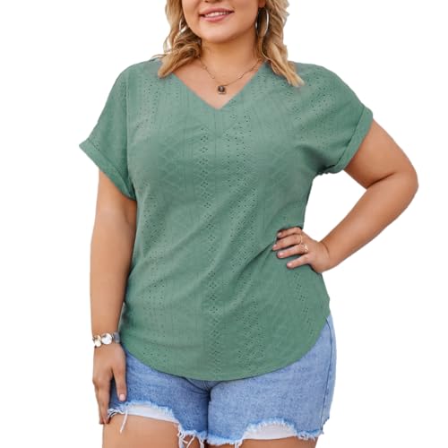 Hanna Nikole Damen Große Größen Kurzarm T-Shirt V-Ausschnitt Einfarbig Sommer Lose Tops 48 von Hanna Nikole