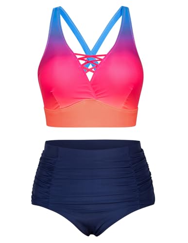 Hanna Nikole Damen Große Größen Sport Bikini Sets Sexy Retro Swimsuit Blau & Orange Farbverlauf 46 von Hanna Nikole