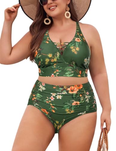 Hanna Nikole Damen Große Größen Sport Bikini Sets Sexy Retro Swimsuit Grüne Basis und rote Blume 46 von Hanna Nikole