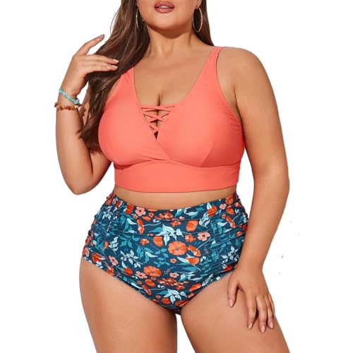 Hanna Nikole Damen Große Größen V-Ausschnitt Bikini Sets Stretchy Badeanzüge Orangene & Blume 48 von Hanna Nikole