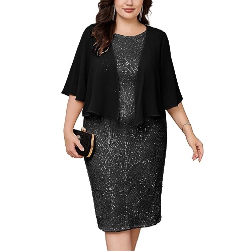 Hanna Nikole Damen Große Größen Zweiteilig Rundhals Cocktailkleid Cape Abendkleid Mit Overlay Für Hochzeitsgäste Schwarz 48 von Hanna Nikole