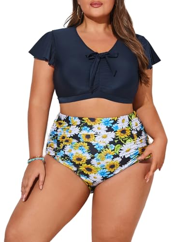 Hanna Nikole Damen Hohe Taille Bikini Große Größe Flatterärmel Badeanzugfloral Tankini Schwarz & Gänseblümchen 46 von Hanna Nikole