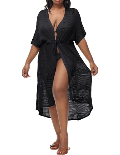 Hanna Nikole Damen Plus Size Kurzarm Bikini Cover Up Beach Kimono Cardigan Long 48,Schwarz(Gestrickte) von Hanna Nikole