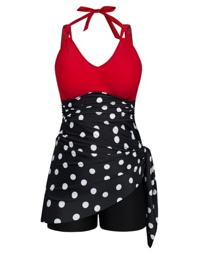 Hanna Nikole Damen Push Up Tankini Set Übergröße Pleated Hohe Taille Beachwear Bauchweg Boxershort Schwarze Tupfen & Rot 52 von Hanna Nikole