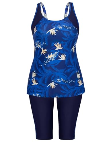 Hanna Nikole Damen Rash Guard Set Große Größen Sportlich Tank Top Oberteile mit Boyleg Bauchweg Tannkini Marineblau & Blumen,56 von Hanna Nikole