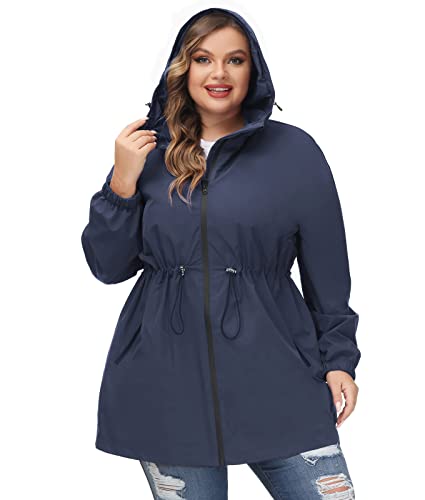 Hanna Nikole Damen Regenjacke Wasserdicht Regenmantel Leichte Jacke Outdoorjacke Windbreaker Übergangsjacke mit Kapuze Navy Blau 56 von Hanna Nikole