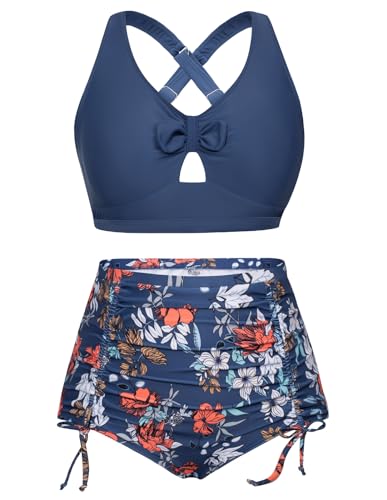 Hanna Nikole Damen Ruched Bikini Große Größen Bauchweg Bikini Sets Bottom Blau & Orangefarbene Blume 54 von Hanna Nikole