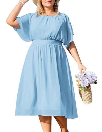 Hanna Nikole Damen Rundhalsausschnitt Chiffon Kleid Midi Abschlussballkleid für Mollige Hellblau 54 von Hanna Nikole