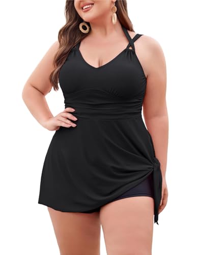 Hanna Nikole Damen Swimsuit Große Größe Zweiteilig Push Up Bauchwegtankini V Ausschnitt Badeanzüge mit Schlitz Schwarz 56 von Hanna Nikole