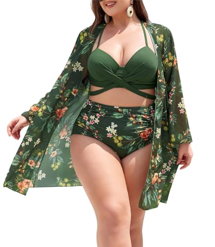 Hanna Nikole Damen Übergröße 3-Teilig Swimsuit Push Up Hohe Taille Badeanzüge Überkreuztes Wickel Beachwear Armeegrün 54 von Hanna Nikole