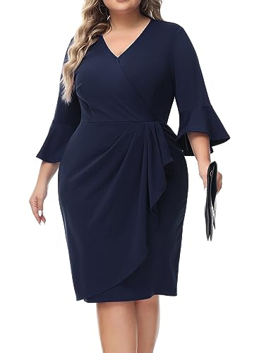 Hanna Nikole Damen Vintage V-Ausschnitt 3/4 Ärmel Cocktailkleid Knielang Etuikleid Business Büro Bleistiftkleid Navy Blau 50-52 von Hanna Nikole