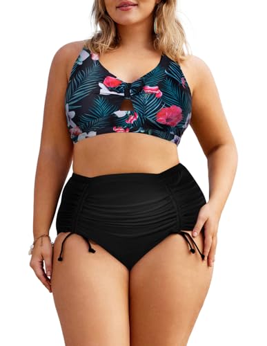 Hanna Nikole Female Plus Size Ruched Swimsuit Bikini Sets Push Up Bikinioberteil Bikini Sets Gelbe Blüten & Grüne Blätter 54 von Hanna Nikole