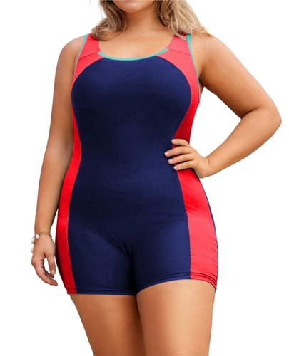 Hanna Nikole Female Swimsuit Large Size One Piece Tankini U-Neck Contrast Color Stretchy Beachsuite Summer Marineblau Rot 54 von Hanna Nikole