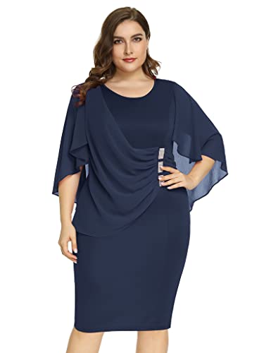 Hanna Nikole Fledermaus Ärmel Pencil Kleid Damen Midi Festliche Kleider mit Reißverschluss Navy Blau 56 von Hanna Nikole