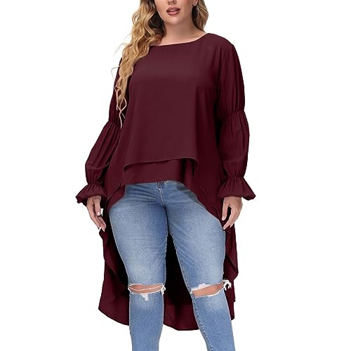 Hanna Nikole Frauen Asymmetrische High Low Große Größen Blouse Langarm Hi-Lo locker Übergröße Hemd Lange Blousetops Mittelalter Blouse Weinrot 48-50 von Hanna Nikole