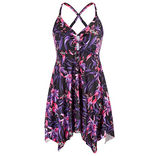 Hanna Nikole Grosse GrÖssen Tankini Damen Bauchweg Drucken Spaghetti Straps A-line Zweiteilig BadeanzÜge Fuchsia Blume 46 von Hanna Nikole