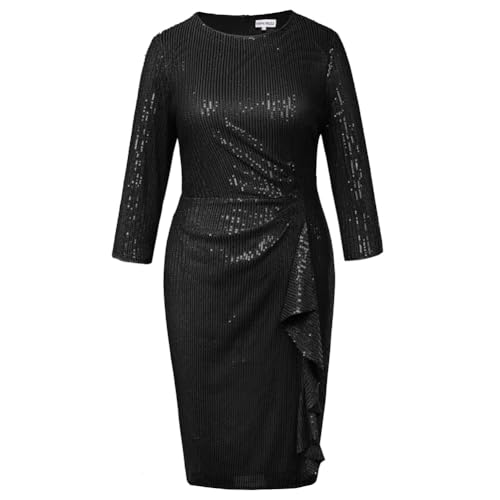 Hanna Nikole Große Größe Paillettenkleid für Damen 3/4 Ärmel Glitter Party Abend Cocktailkleider Ruched Rundhals Figurbetont Rüschen Hüftwickel Kleider Schwarz 52 von Hanna Nikole