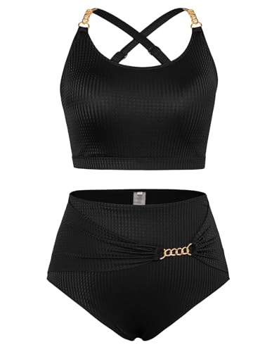 Hanna Nikole Große Größen Bikini Set Für Damen High Waist Bikini-Unterteile Bescheidene Badebekleidung Elastische Weicher Sport Schwimmanzug Schwarz 44 von Hanna Nikole