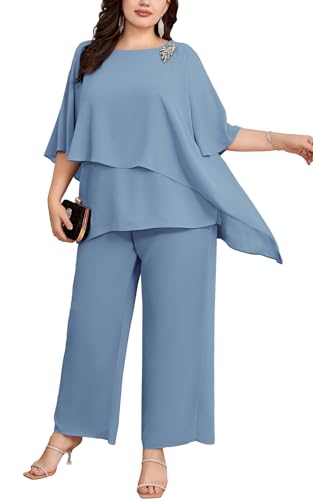 Hanna Nikole Hosenanzug Damen Große Größen Chiffon Shirt Irregular Collar Batwing Sleeves Chiffon Shirt 2 Piece Set Occasion Trousers Chiffon Shirt Grau Blau 50 von Hanna Nikole