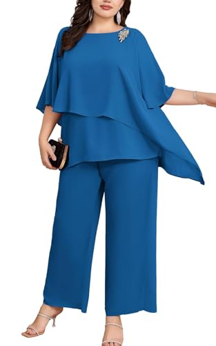 Hanna Nikole Hosenanzug Damen Große Größen Chiffon Shirt Irregular Collar Batwing Sleeves Chiffon Shirt 2 Piece Set Occasion Trousers Chiffon Shirt Pfauenblau 50 von Hanna Nikole