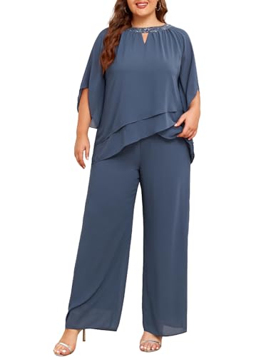 Hanna Nikole Hosenanzug Damen Große Größen Zweiteiler Fledermausärmel Cape-Ärmel Sequin Lose Rundhals Chiffon Shirt Hohe Taille Elegant Hohe Taille Lange Hose Grau Blau 54 von Hanna Nikole