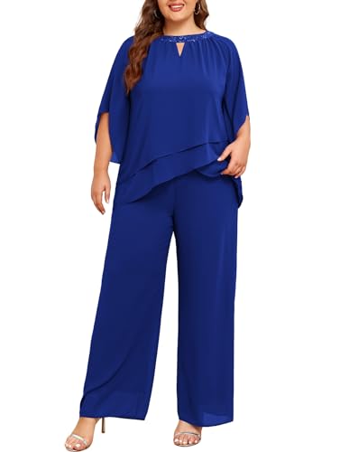 Hanna Nikole Mother of Bride Pant Suits Plus Size Half Sleeve 2 Piece Chiffon Shirt Wide Leg Pants Formal Wedding Guest Outfit Königsblau 52 von Hanna Nikole