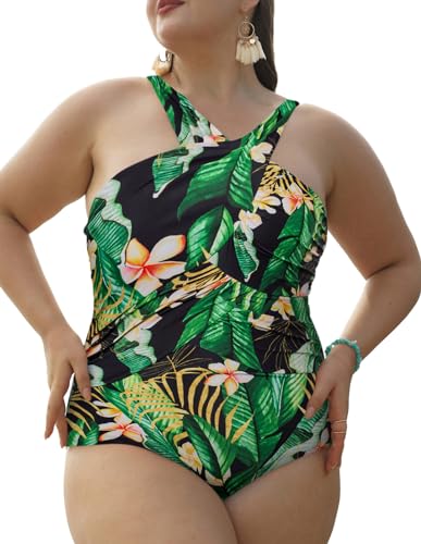 Hanna Nikole Neckholder Monokini Damen Große Größen Einteiliger Push Up High Waist Bauchweg Badeanzug Grüne Blätter 50 (Etikett:20W) von Hanna Nikole