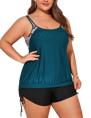 Hanna Nikole Tankini Damen Große Größen Sexy U-Ausschnitt Oberteile Bauchweg mit Kordelzug Badeshorts Dehnbar Bademode Blaugrünes Geometrisches Muster 54 (Etikett:22W) von Hanna Nikole