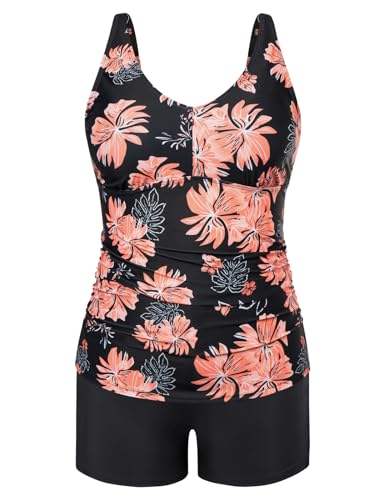 Hanna Nikole Tankini Damen mit Shorts Große Größen Zweiteilig Seitliche Hohl Elastisch Bauchweg Badeanzug Rote Blume 56 (Etikett:26W) von Hanna Nikole