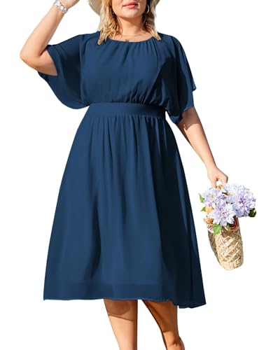 Hanna Nikole Women Plus Size A-Line Dress Ruffle Sleeves Elegant Round Neck Chiffon Dress Navy Blau 52 von Hanna Nikole