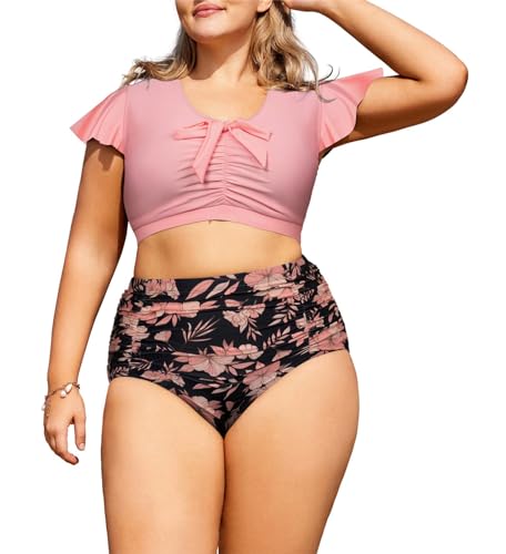 Hanna Nikole Women Plus Size Flutter Sleeves Bikini V-Neck Swimsuit High Waist Pleating Elastic Beachsuit Schwarz & Rosa Blume 50 von Hanna Nikole