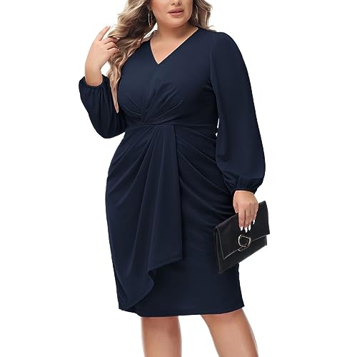 Hanna Nikole Women Plus Size Langarm Festkleid Midilang Lange Ärmel Arbeitskleid Für Party Dark Blue 50 von Hanna Nikole