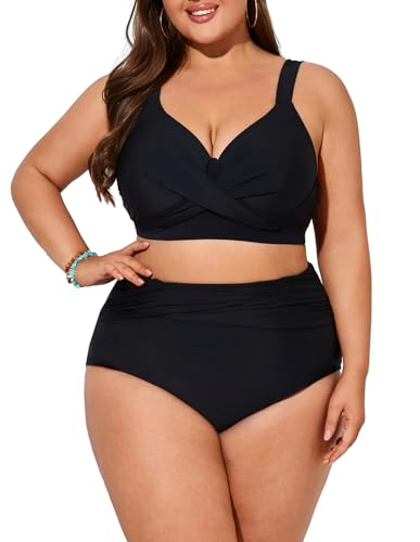 Hanna Nikole Women Push Up Bikini Plus Size Two Piece Ruched Swimsuit V-Neck Schwarz 52 von Hanna Nikole