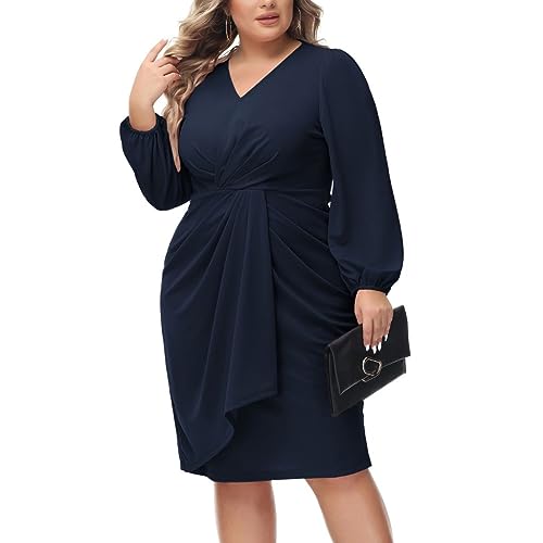 Hanna Nikole Womens Plus Size Business Laternenärmel Bürokleid Wicke Festliche Bodycon Kleid Dark Blue 52 von Hanna Nikole
