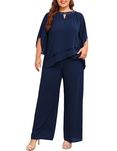 Hanna Nikole Zweiteiler Damen Große Größen Hosenanzug Fledermausärmel Cape-Ärmel Pailletten Lose Rundhals Chiffon Shirt Hohe Taille Elegant Hohe Taille Lange Hose Dunkelblau 54 von Hanna Nikole